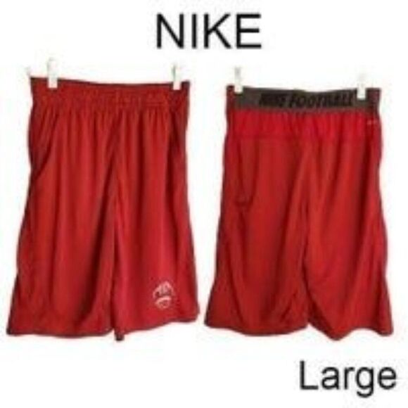 Nike Boys Long Athletic Shorts L Red Football Logo Dri-Fit Pockets Activewear - Picture 1 of 8